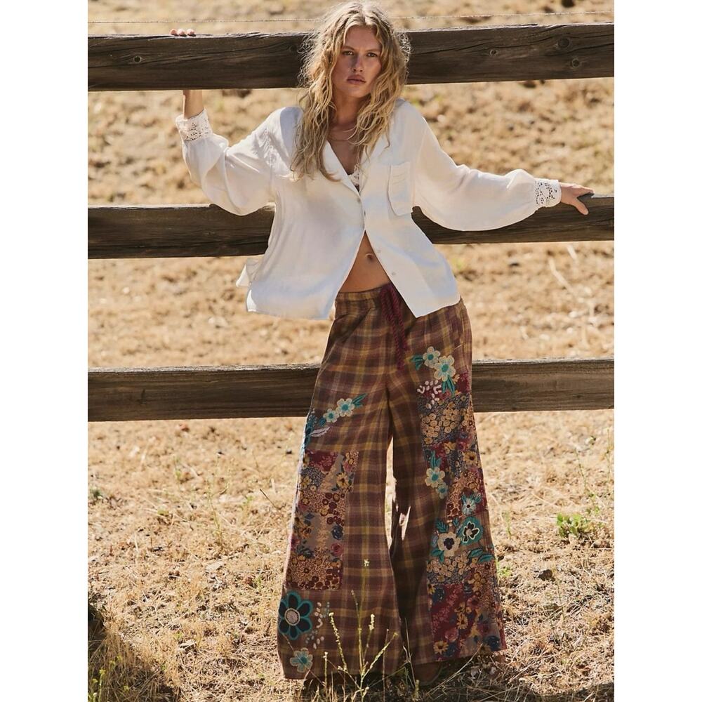Free People Bohemian Brooks Embroidered Plaid Wide Leg Patchwork Pants Size XL